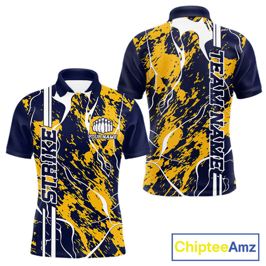 Custom Navy Blue And Yellow Camo Strike Bowling Shirt, Men Bowling League Team Jerseys IPHW10613
