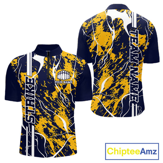 Custom Navy Blue And Yellow Camo Strike Bowling Shirt, Men Bowling League Team Jerseys IPHW10613