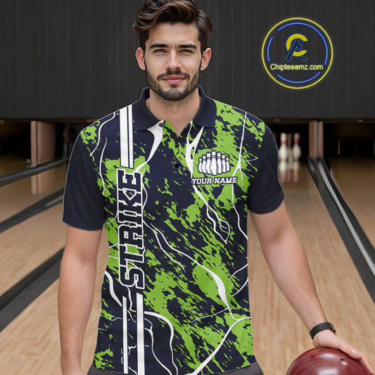Custom Navy Blue And Green Camo Strike Bowling Shirt, Men Bowling League Team Jerseys IPHW10614