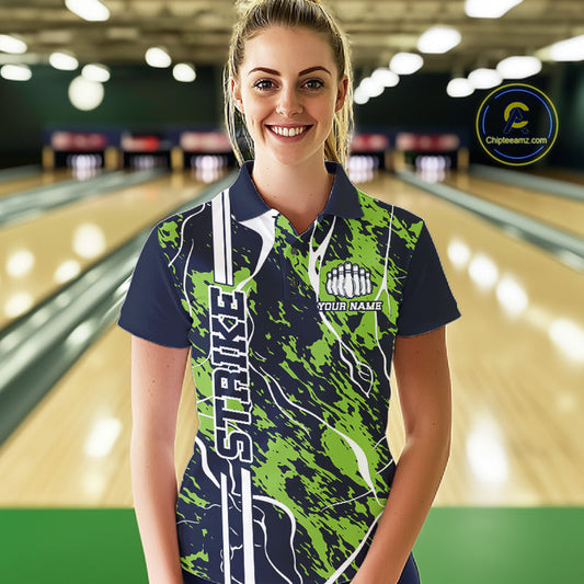 Custom Navy Blue And Green Camo Strike Bowling Shirt, Women Bowling League Team Jerseys IPHW10614