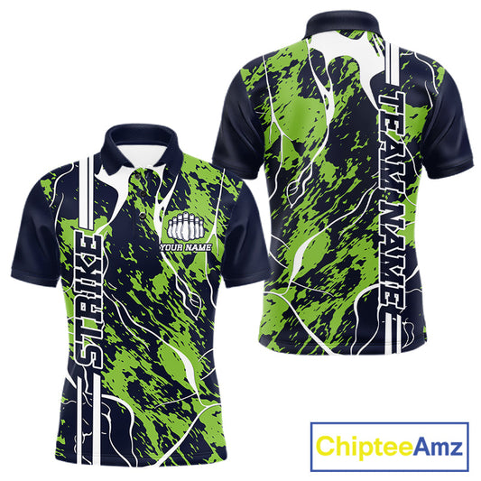 Custom Navy Blue And Green Camo Strike Bowling Shirt, Men Bowling League Team Jerseys IPHW10614