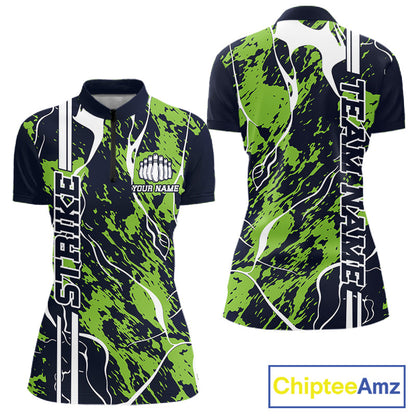 Custom Navy Blue And Green Camo Strike Bowling Shirt, Women Bowling League Team Jerseys IPHW10614