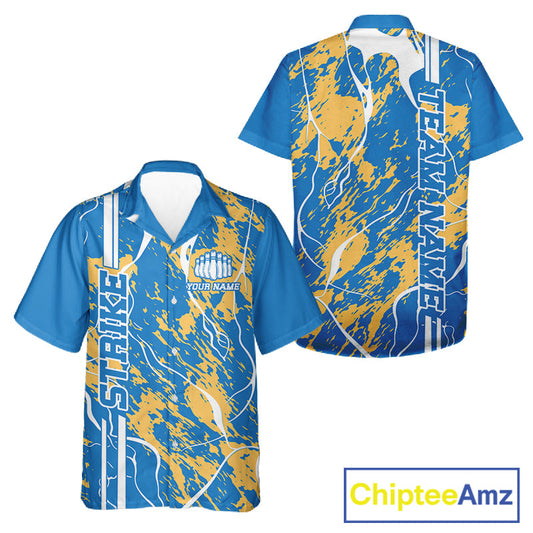 Custom Azure Blue And Yellow Camo Strike Bowling Shirt, Men And Women Bowling League Team Jerseys IPHW10615