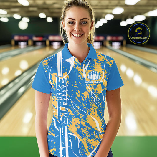 Custom Azure Blue And Yellow Camo Strike Bowling Shirt, Women Bowling League Team Jerseys IPHW10615