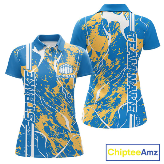 Custom Azure Blue And Yellow Camo Strike Bowling Shirt, Women Bowling League Team Jerseys IPHW10615