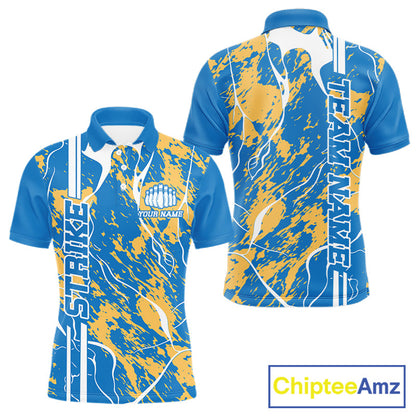 Custom Azure Blue And Yellow Camo Strike Bowling Shirt, Men Bowling League Team Jerseys IPHW10615