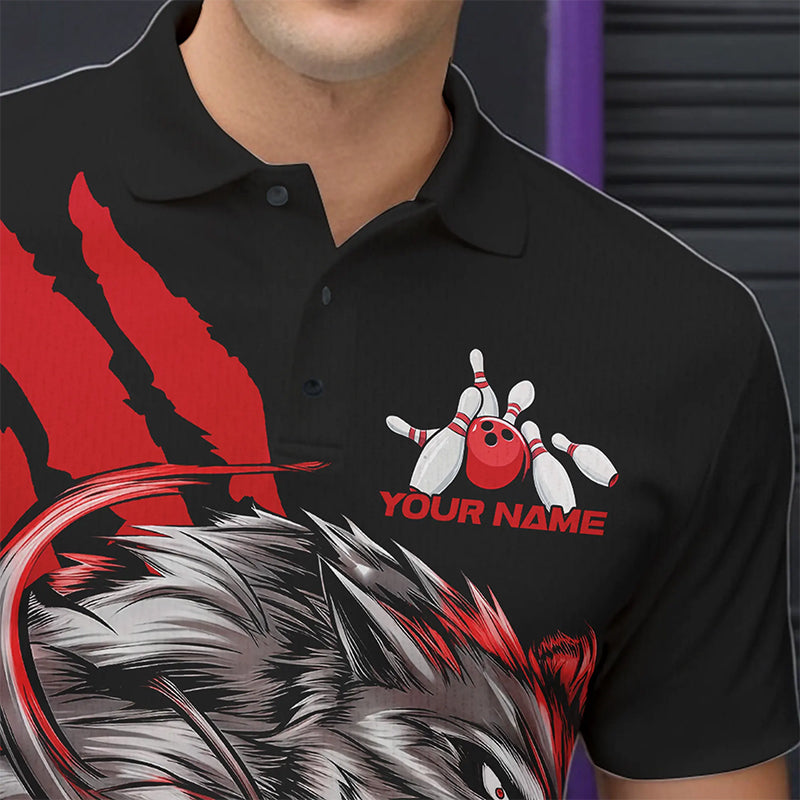 Custom Black And Red Wolf Bowling Men Polo Shirts, Wolf Scratch Bowling Team League Shirt IPHW8719