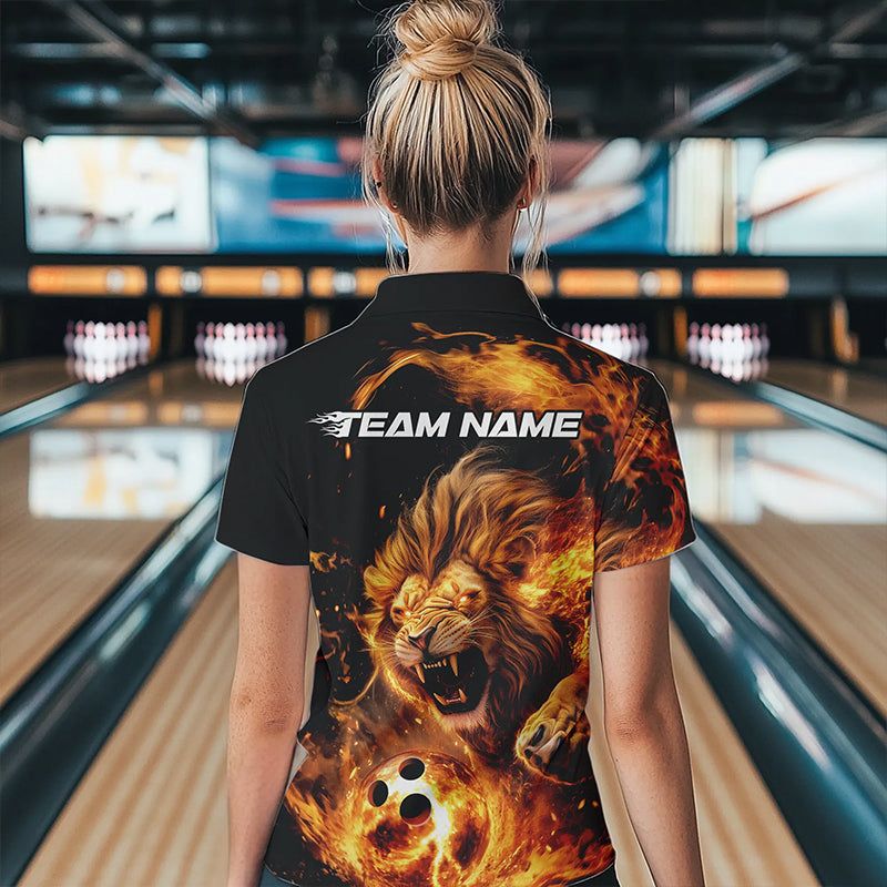 Custom Fire Flame Lion Bowling Team Women Polo Shirts, Lion Bowling League Shirt IPHW8976