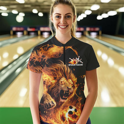 Custom Fire Flame Lion Bowling Team Women Quarter-Zip Shirts, Lion Bowling League Shirt IPHW8976