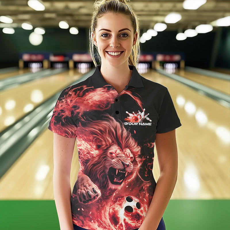 Custom Red Flame Lion Bowling Team Women Polo Shirts, Lion Bowling League Shirt IPHW8977