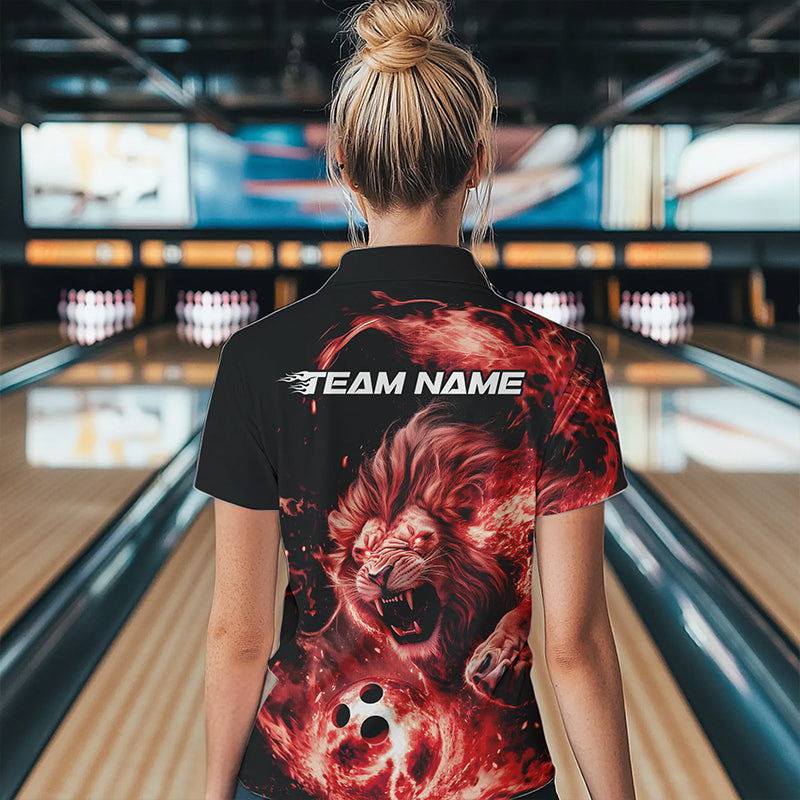 Custom Red Flame Lion Bowling Team Women Polo Shirts, Lion Bowling League Shirt IPHW8977