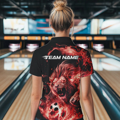 Custom Red Flame Lion Bowling Team Women Polo Shirts, Lion Bowling League Shirt IPHW8977