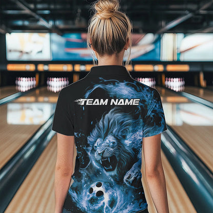 Custom Blue Flame Lion Bowling Team Women Polo Shirts, Lion Bowling League Shirt IPHW8978