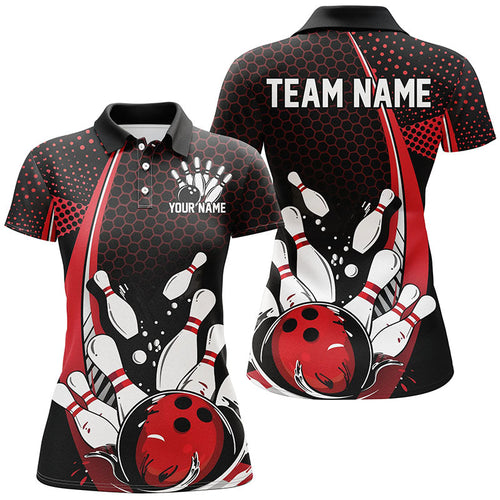 Custom Black And Red Bowling Shirts For Women, Classic Retro Bowling Jerseys Bowlers Outfit IPHW7279