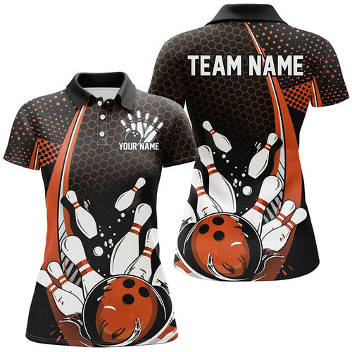 Custom Black And Orange Ladies Bowling Shirts, Classic Retro Bowling Jerseys Bowlers Outfit IPHW7280