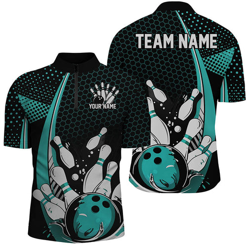 Custom Black And Blue Bowling Shirts For Men, Classic Retro Bowling Jerseys Bowlers Outfit IPHW7281