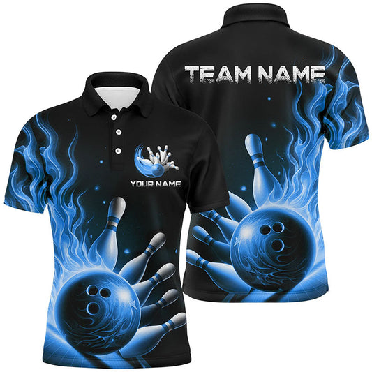 Personalized Blue Flame Bowling Polo Shirts For Men Bowling Team Jerseys Strike Bowling IPHW7290