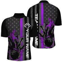 Load image into Gallery viewer, Purple Line American Flag Custom Patriotic Flame Bowling Shirts For Men, Support Bowling Shirt IPHW7594
