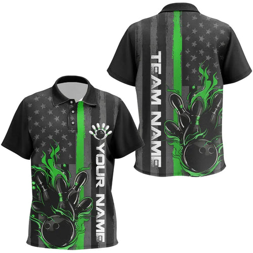 Green Line American Flag Custom Patriotic Flame Bowling Kid Polo Shirts, Support Bowling Shirt IPHW7595