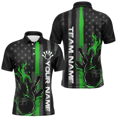 Green Line American Flag Custom Patriotic Flame Bowling Shirts For Men, Support Bowling Shirt IPHW7595