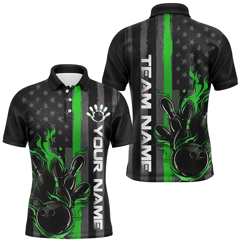 Green Line American Flag Custom Patriotic Flame Bowling Shirts For Men, Support Bowling Shirt IPHW7595