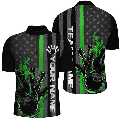 Green Line American Flag Custom Patriotic Flame Bowling Shirts For Men, Support Bowling Shirt IPHW7595