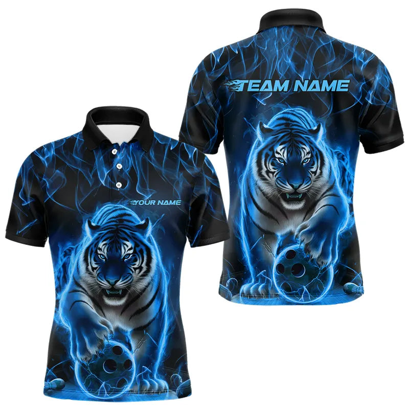 Custom Black And Blue Flame Tiger Bowling Team Polo Shirts For Men, Fire Bowling Jerseys IPHW8263