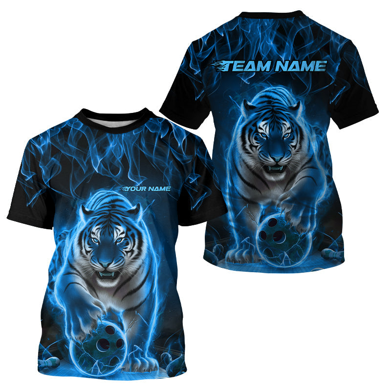 Custom Black And Blue Flame Tiger Bowling Team T-Shirts For Men, Fire Bowling Jerseys IPHW8263