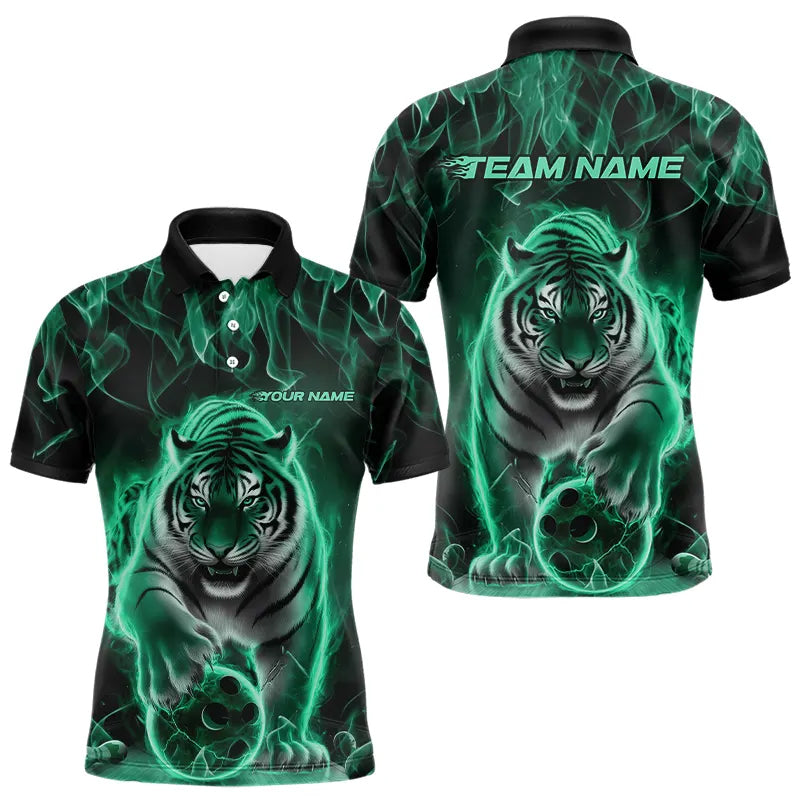 Custom Black And Green Flame Tiger Bowling Team Polo Shirts For Men, Fire Bowling Jerseys IPHW8264