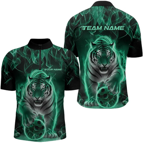 Custom Black And Green Flame Tiger Bowling Team Quarter-Zip Shirts For Men, Fire Bowling Jerseys IPHW8264