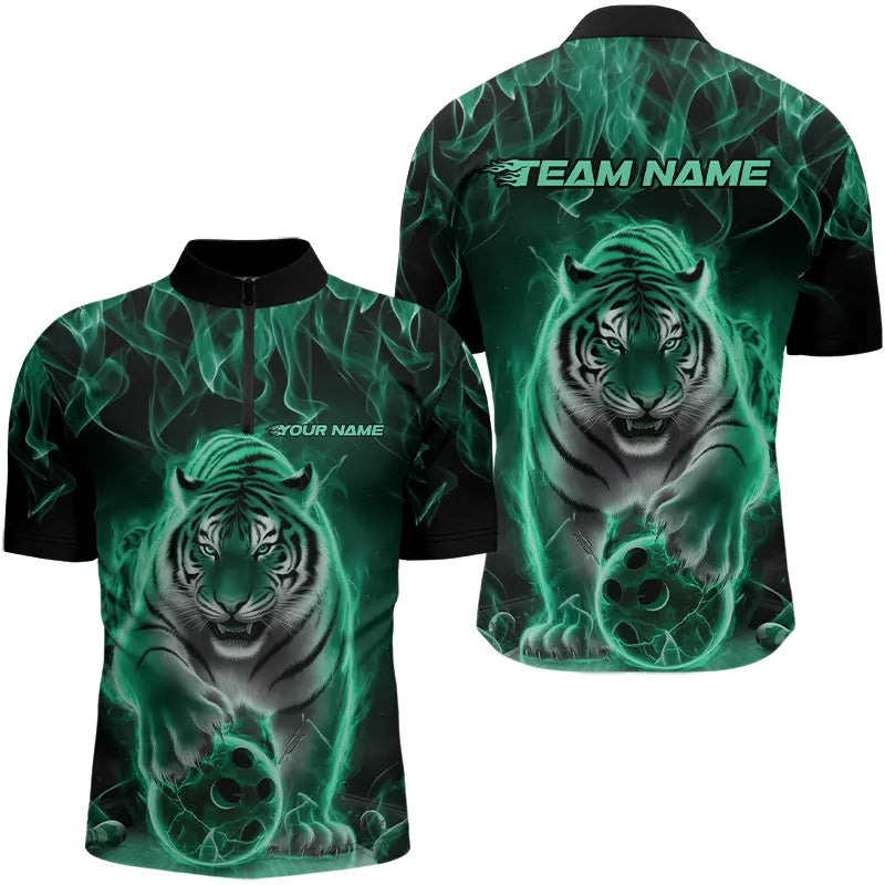Custom Black And Green Flame Tiger Bowling Team Quarter-Zip Shirts For Men, Fire Bowling Jerseys IPHW8264