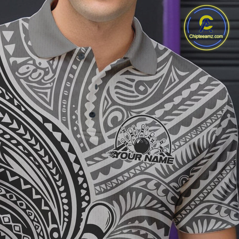 Custom Black And Gray Traditional Samoan Tribal Polynesian Pattern Bowling Men Shirt IPHW10324