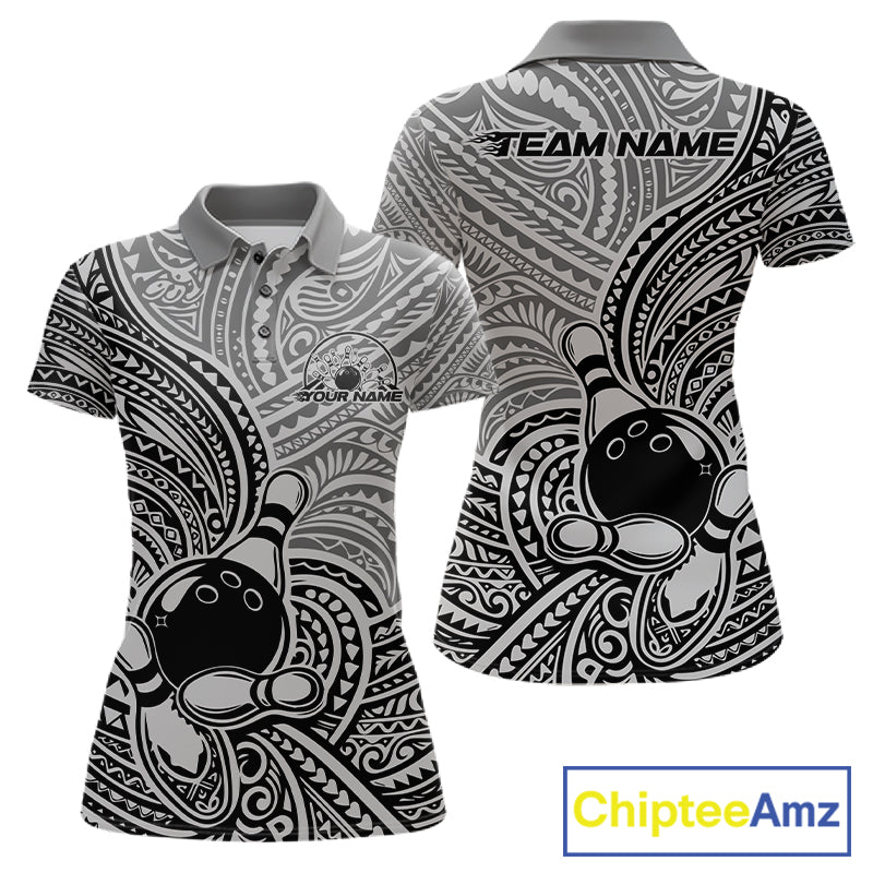Custom Black And Gray Traditional Samoan Tribal Polynesian Pattern Bowling Women Shirt IPHW10324
