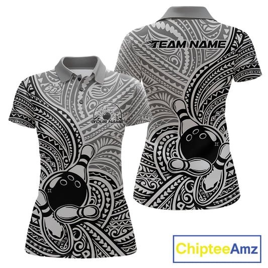 Custom Black And Gray Traditional Samoan Tribal Polynesian Pattern Bowling Women Shirt IPHW10324