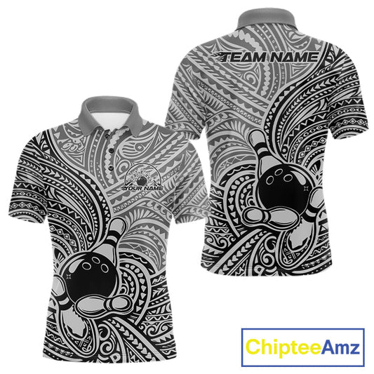 Custom Black And Gray Traditional Samoan Tribal Polynesian Pattern Bowling Men Shirt IPHW10324