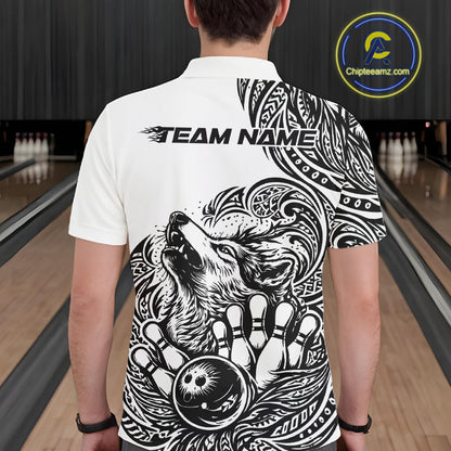 Custom Black And White Tribal Pattern Maori Style Wolf Bowling Team Men Polo Shirts IPHW10330