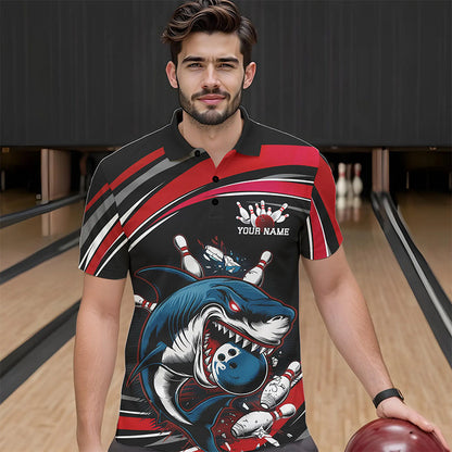 Black And Red Custom Shark Bowling Team Polo Shirts For Men, Shark Bowling League Shirt IPHW8726