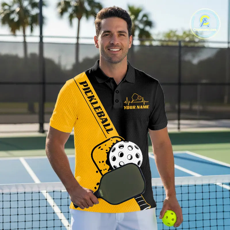 Black And Yellow Custom Pickleball Team Shirts For Men, Pickleball Jersey Outfit IPHW10823