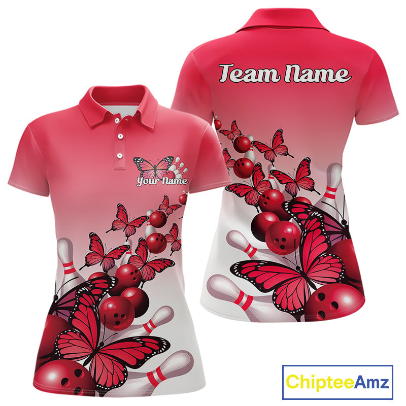 Custom Red Gradient Butterfly Bowling Women Polo Shirts For Team, Bowling League Shirt IPHW10824