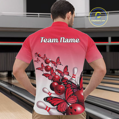 Custom Red Gradient Butterfly Bowling Men Quarter-Zip Shirts For Team, Bowling League Shirt IPHW10824