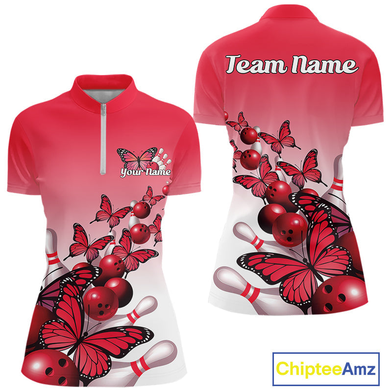 Custom Red Gradient Butterfly Bowling Women Quarter-Zip Shirts, Bowling League Shirt IPHW10824