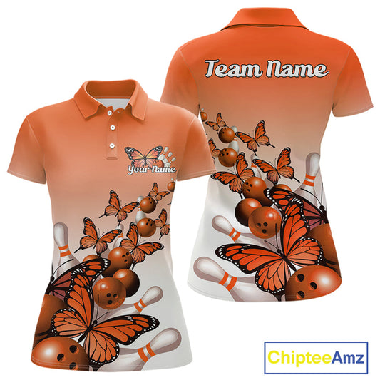 Custom Orange Gradient Butterfly Bowling Women Polo Shirts For Team, Bowling League Shirt IPHW10825