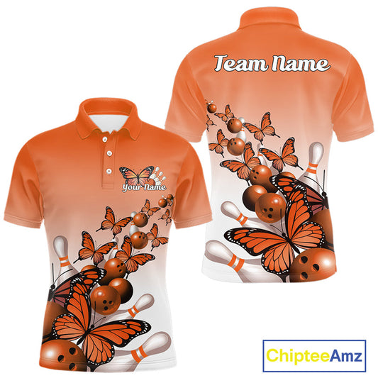 Custom Orange Gradient Butterfly Bowling Men Polo Shirts For Team, Bowling League Shirt IPHW10825