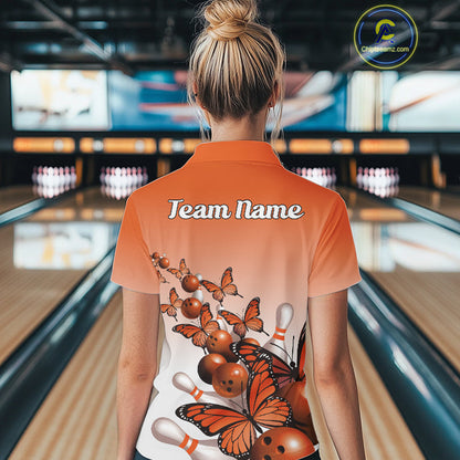 Custom Orange Gradient Butterfly Bowling Women Quarter-Zip Shirts, Bowling League Shirt IPHW10825