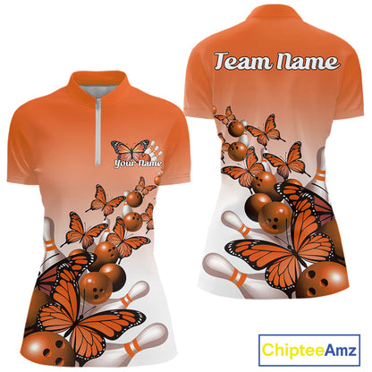 Custom Orange Gradient Butterfly Bowling Women Quarter-Zip Shirts, Bowling League Shirt IPHW10825