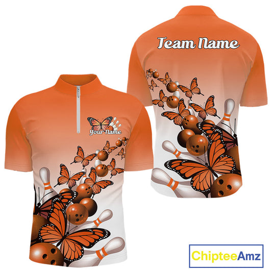 Custom Orange Gradient Butterfly Bowling Men Quarter-Zip Shirts For Team, Bowling League Shirt IPHW10825