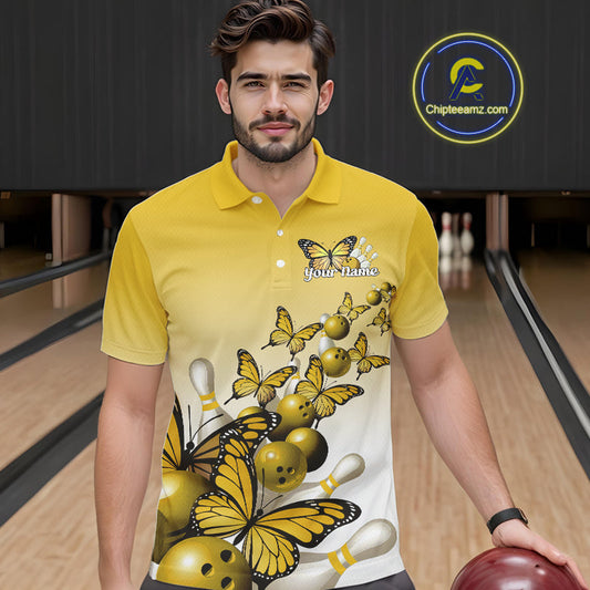 Custom Yellow Gradient Butterfly Bowling Men Polo Shirts For Team, Bowling League Shirt IPHW10826