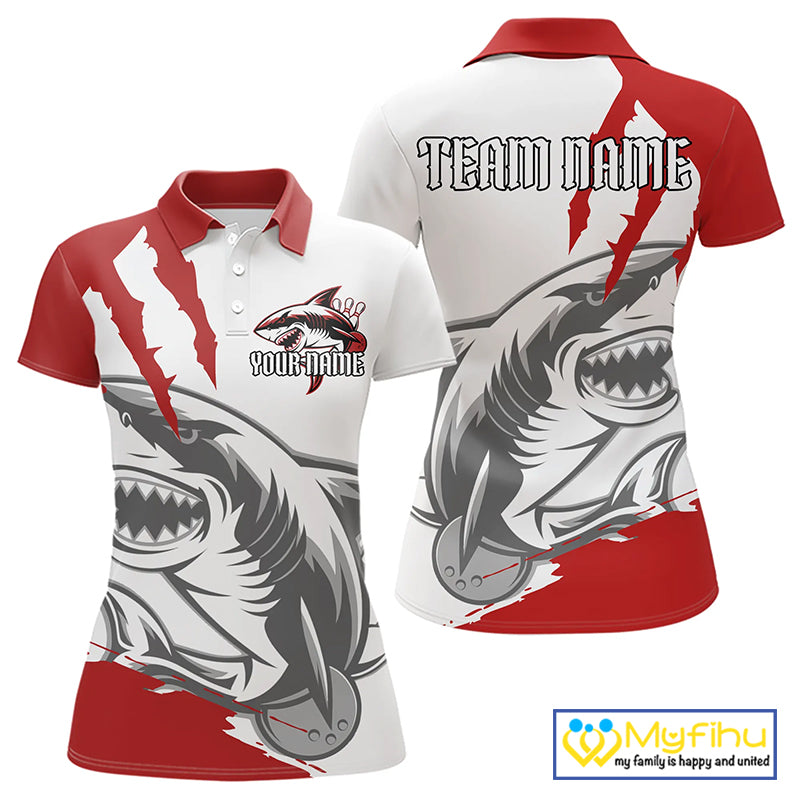 Custom White And Red Shark Jerseys, Shark Bowling Team Women Polo Shirts Bowlers Outfit IPHW8987