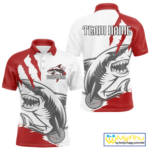 Custom White And Red Shark Jerseys, Shark Bowling Team Men Polo Shirts Bowlers Outfit IPHW8987