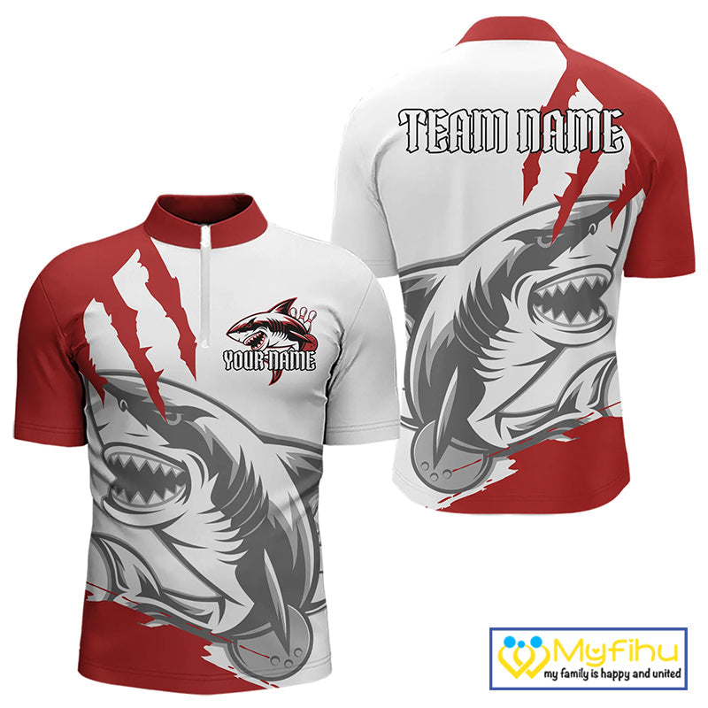 Custom White And Red Shark Jerseys, Bowling Team Women Quarter-Zip Shirts Bowlers Outfit IPHW8987